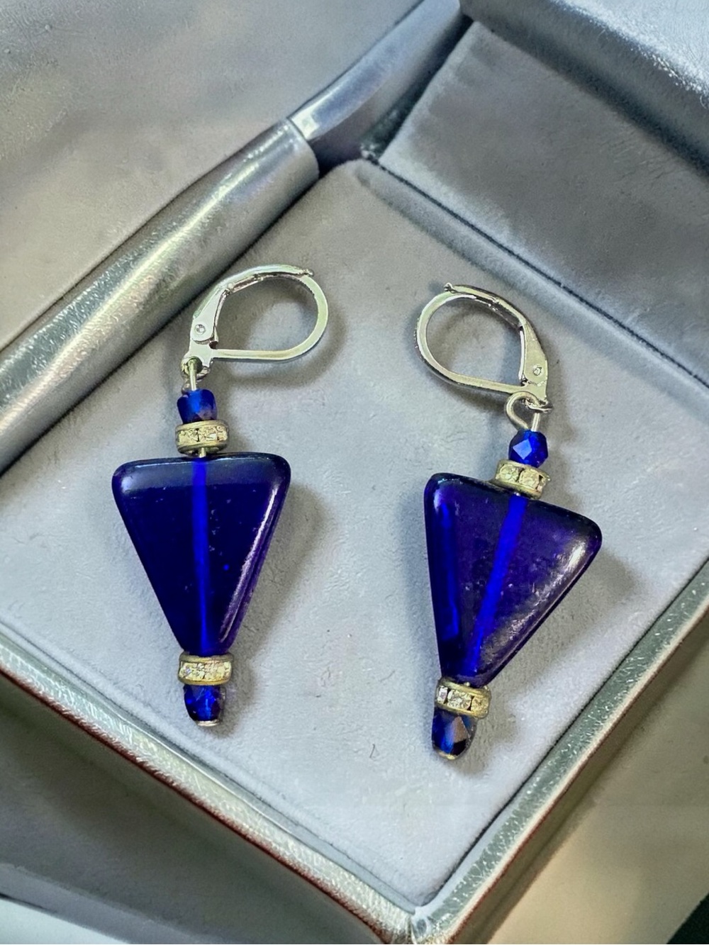 Blue Glass Triangle Drop Earrings